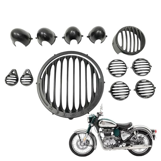 Dhe Best Bike Top1 Head Light Grill/Jali + Indicator Grill + Indicator Cap +Tail Light Grill and Headlight LED Indicator Grill 2024 Onwards Set of 12 Compatible with RE Reborn...